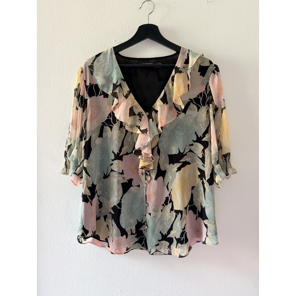 Lauren Ralph Lauren Floral Blouse 1X Black Pastel Chiffon Ruffle V-Neck Shirt